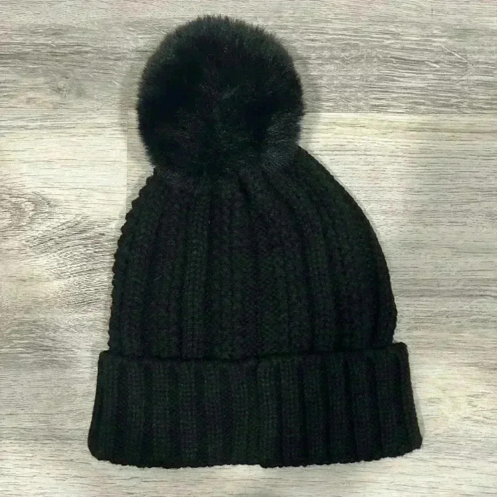 Vince Camuto Black Faux Fur Pompom Acrylic Knit Beanie Winter Snow Hat OS